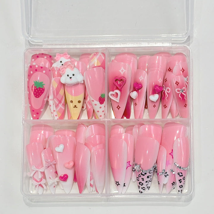 Close-up of decorative purple fake nails for women, showing stylish nail art designs for fashion beauty.