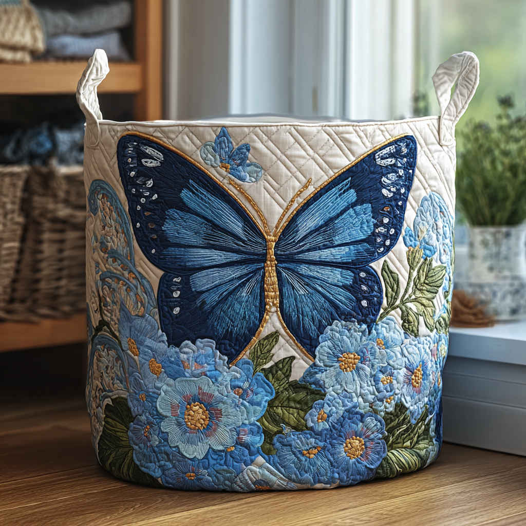 Stylish quilted fabric laundry basket. Decorative folding storage bin for clothes hamper in bedroom or bathroom.