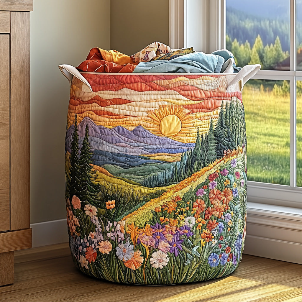 Stylish quilted fabric laundry basket in morning glory pattern; foldable storage for bedroom, bathroom, home organization.