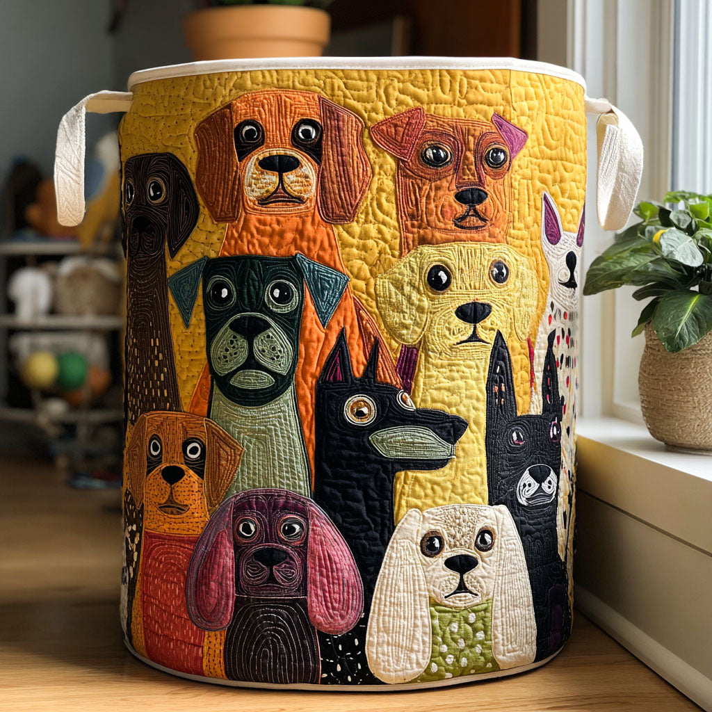 Stylish quilted laundry basket, Barkside Magic pattern. Ideal foldable home organization & storage solution for modern homes.