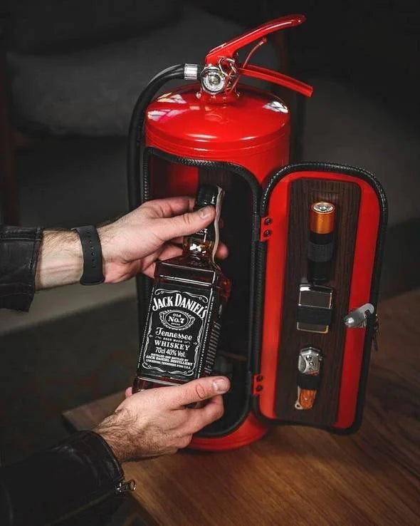 Stylish red fire extinguisher hidden bar, a discreet mini bar & unique liquor storage for mancaves.