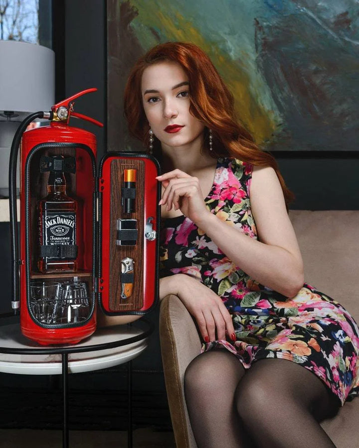 Men's stylish fire extinguisher hidden bar, a cool mini bar & discreet liquor storage for your home.