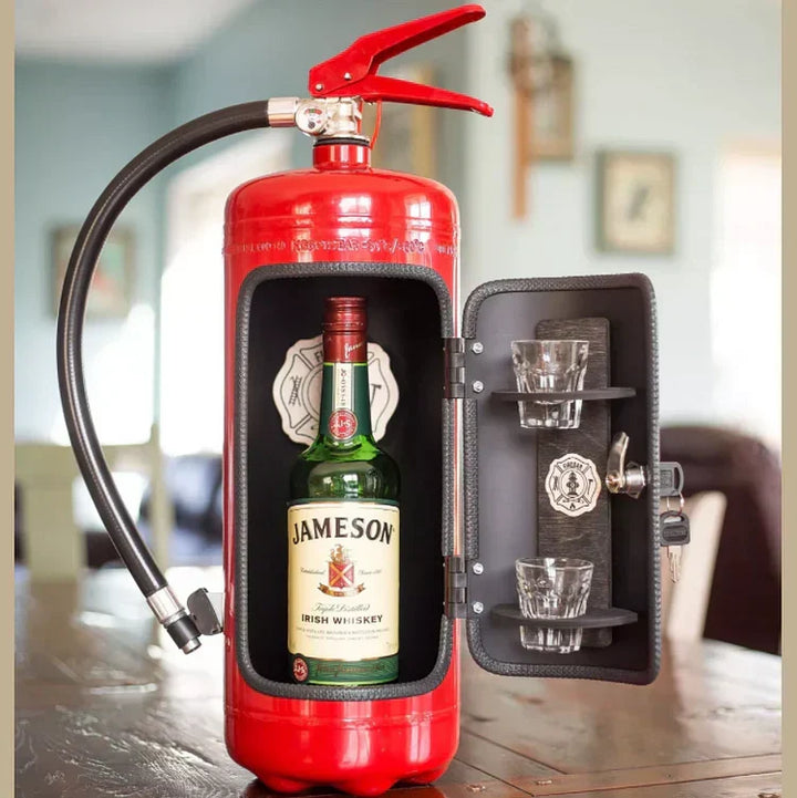 Secret fire extinguisher mini bar, perfect for discreet liquor storage & a unique conversation starter.