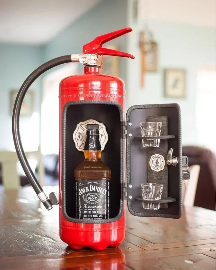 Men's unique fire extinguisher mini bar, a stylish and discreet hidden bar accessory for home decor.