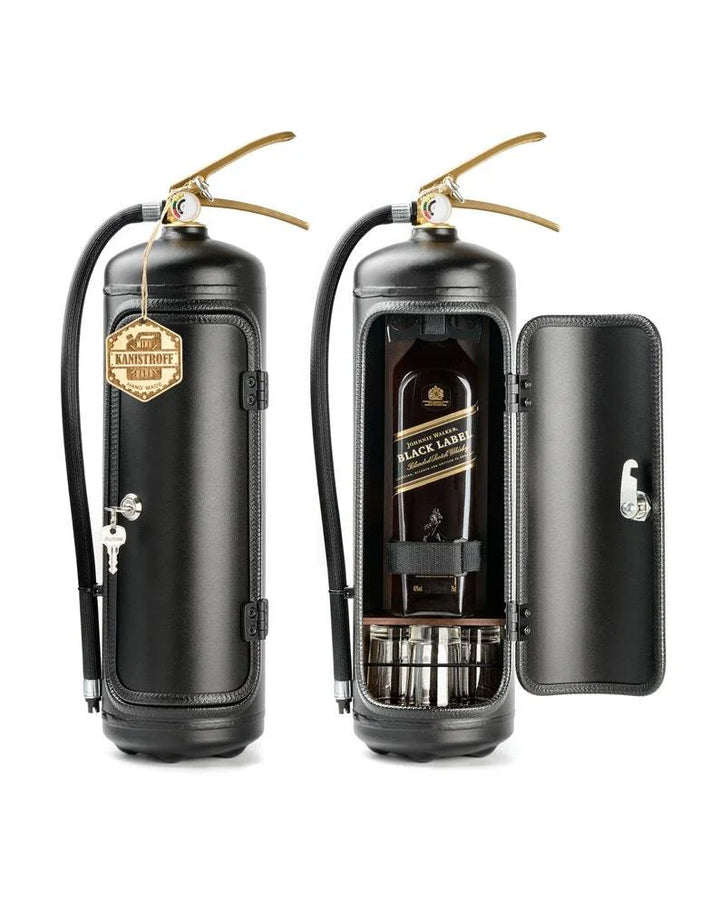 Red fire extinguisher secret bar, ideal for concealed whiskey storage & a cool mancave accessory.