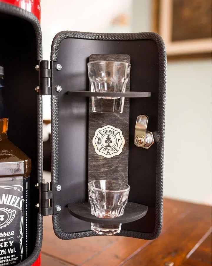 Discreet fire extinguisher mini bar for liquor storage, a unique gift & stylish home bar accessory.