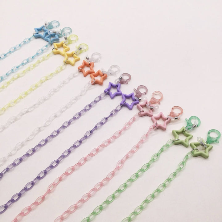 Practical women's eyeglass holder chain with star charms. Securely holds reading glasses or sunglasses.