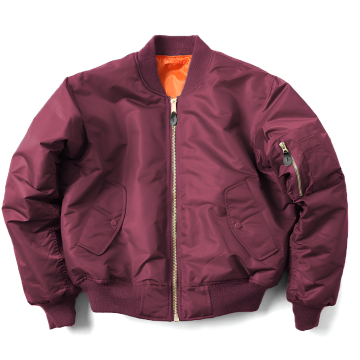 Model wearing a classic unisex bomber jacket, perfect for modern street style and versatile fashion.