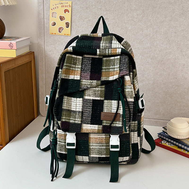 Stylish unisex plaid patterned backpack for school, travel, or everyday use. Durable, casual design.