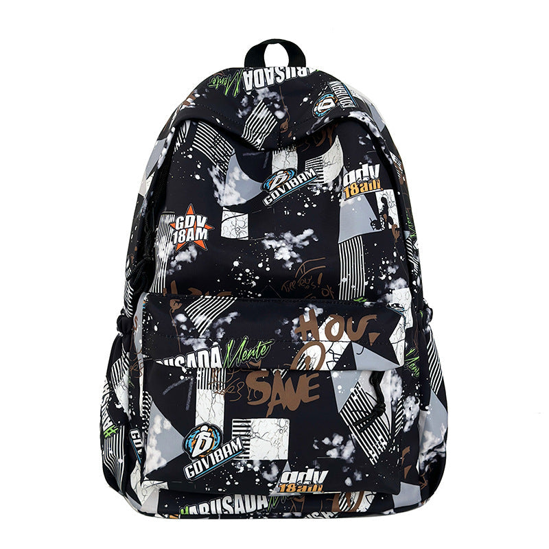 Modern graphic print school backpack, durable and spacious, designed for comfortable daily carry and travel.