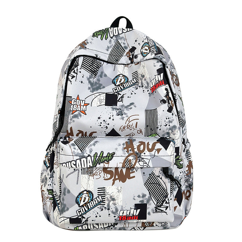 Trendy graphic print backpack for urban style, a versatile unisex bag perfect for school, work, or casual travel.