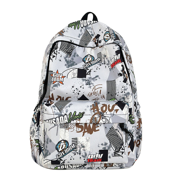 Trendy graphic print backpack for urban style, a versatile unisex bag perfect for school, work, or casual travel.