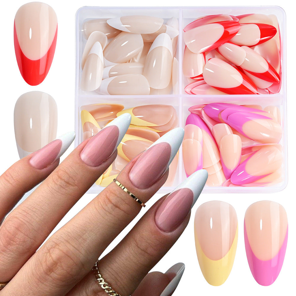 Stylish women's almond press-on nails in elegant beige. Salon-quality fake nails for an easy, beautiful manicure.