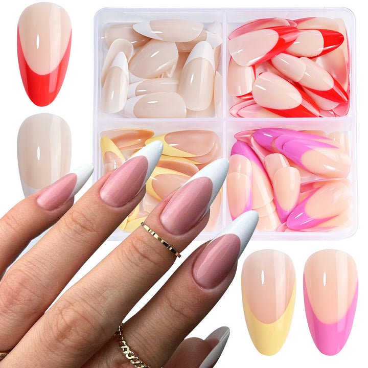 Stylish women's almond press-on nails in elegant beige. Salon-quality fake nails for an easy, beautiful manicure.