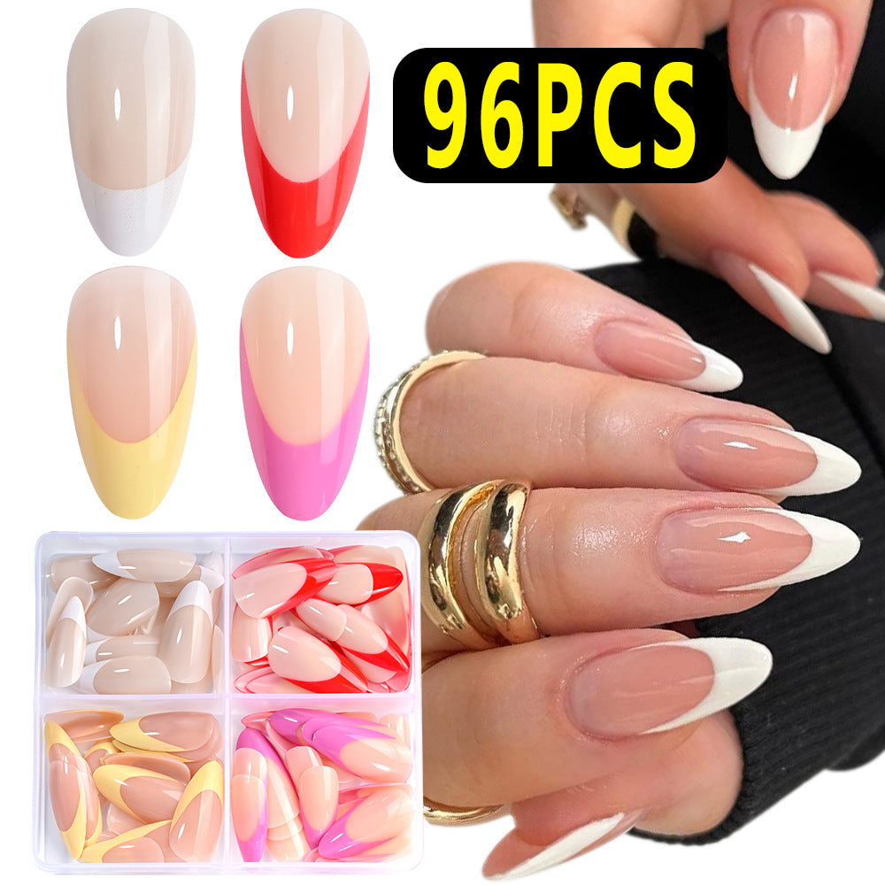 Reusable beige almond press-on nails for women. Easy application fake nails offering a salon-quality manicure kit.