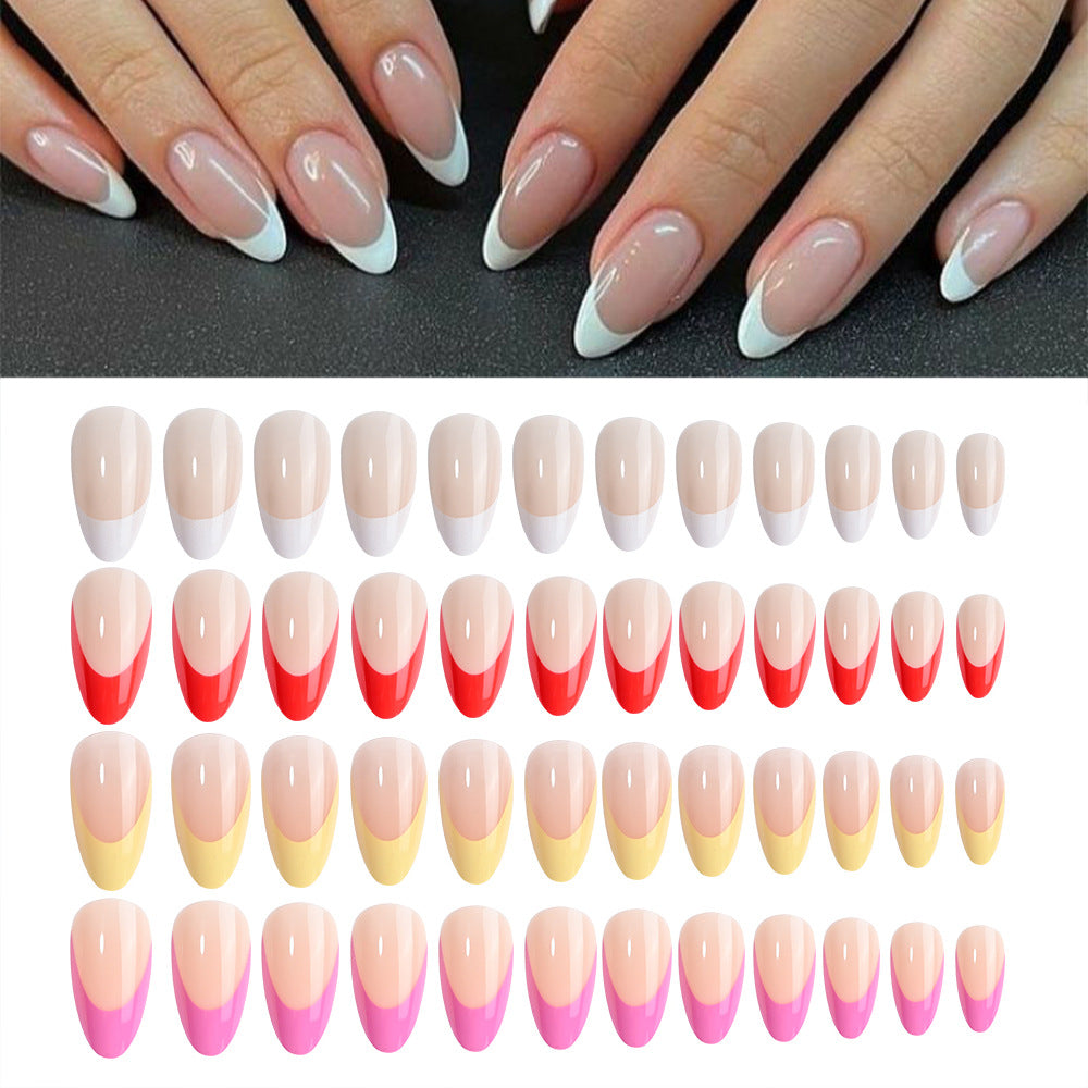 Elegant beige almond press-on nails for women. Achieve beautiful nail art with these easy-to-apply fake nails.
