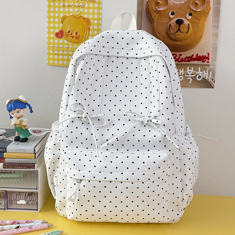 Functional polka dot student backpack for women, perfect for school, books, and everyday essentials.