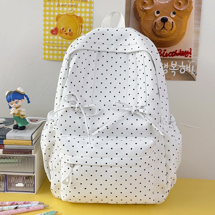 Functional polka dot student backpack for women, perfect for school, books, and everyday essentials.