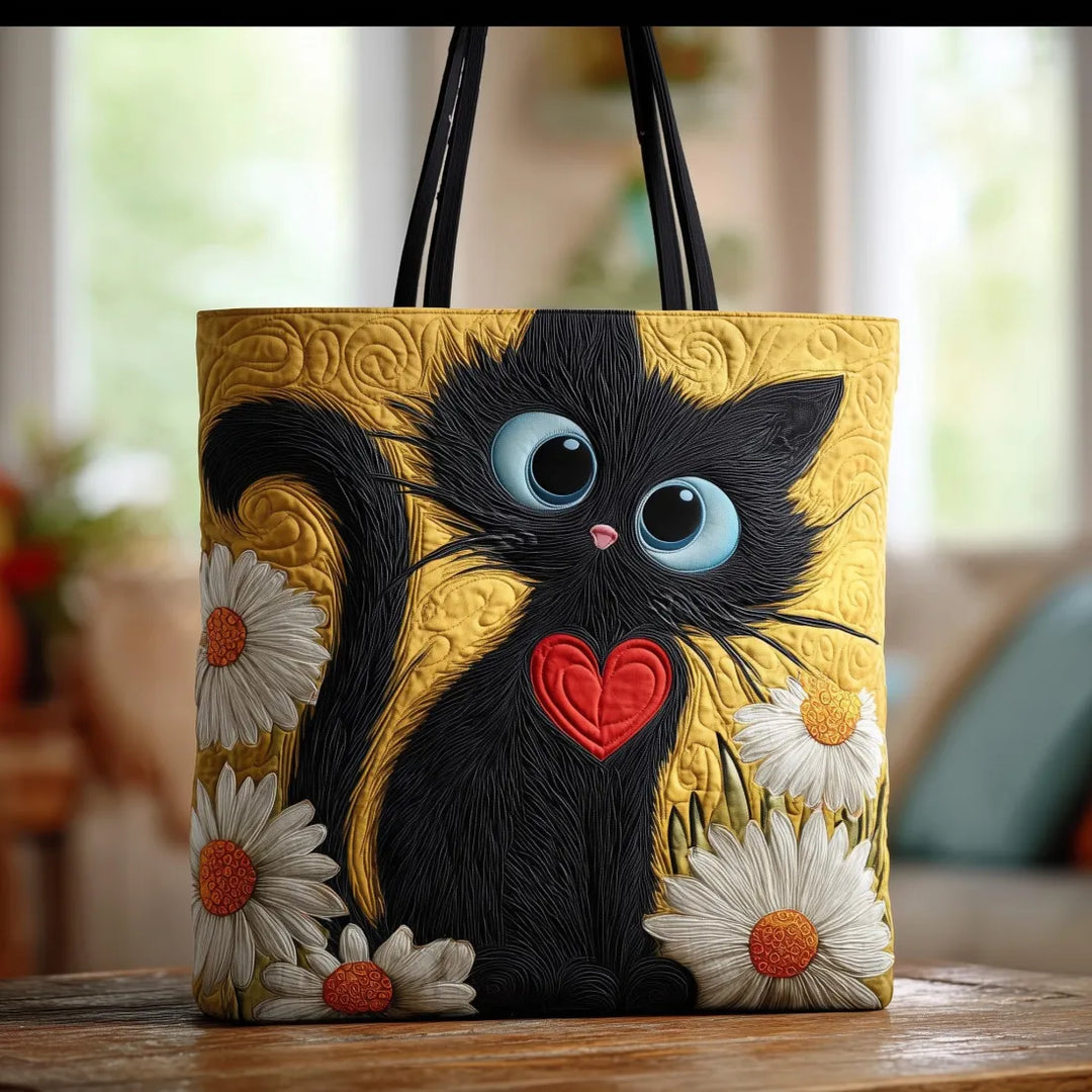 Stylish Women's Black Cat Tote Bag with Heart and Daisies. Durable cotton blend shoulder bag, perfect everyday floral accessory.