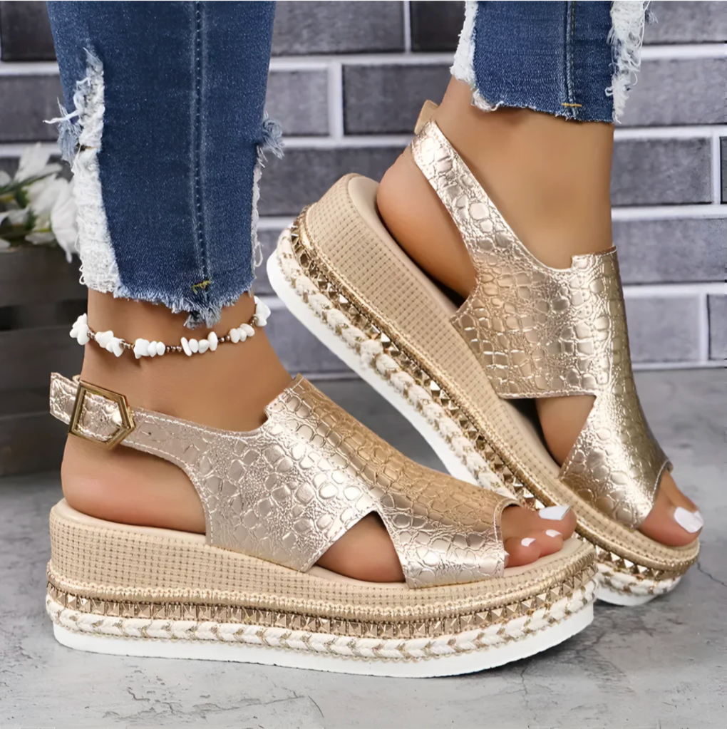Stylish women's bold chunky wedge heel sandals with open toe & buckle strap, perfect for summer fashion.
