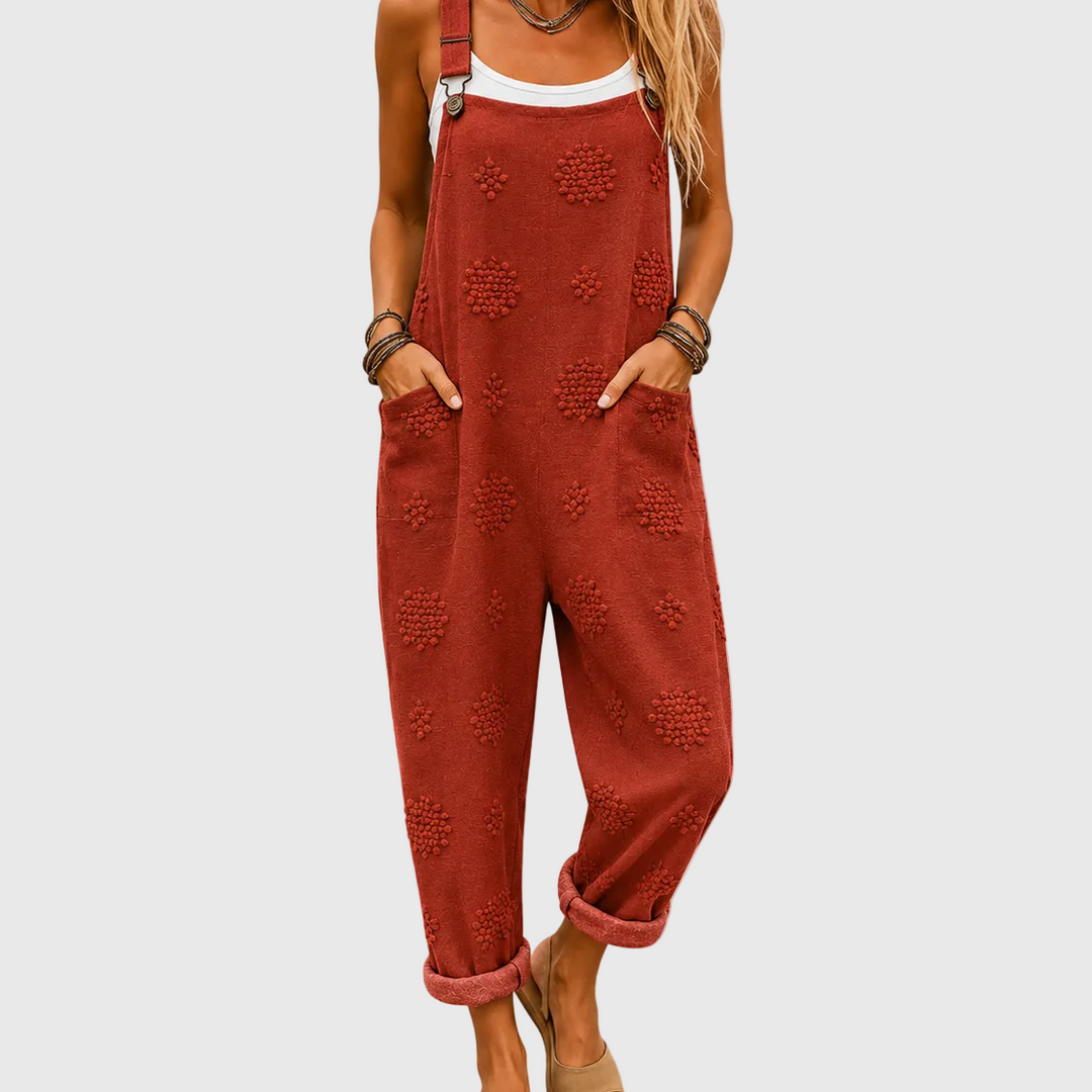 Stylish women's brick red overalls with a comfortable, relaxed fit, perfect for casual autumn fashion.
