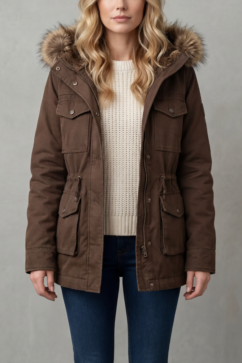 Stylish women's brown parka coat with faux fur trim hood. Perfect for chic winter fashion & cold weather.