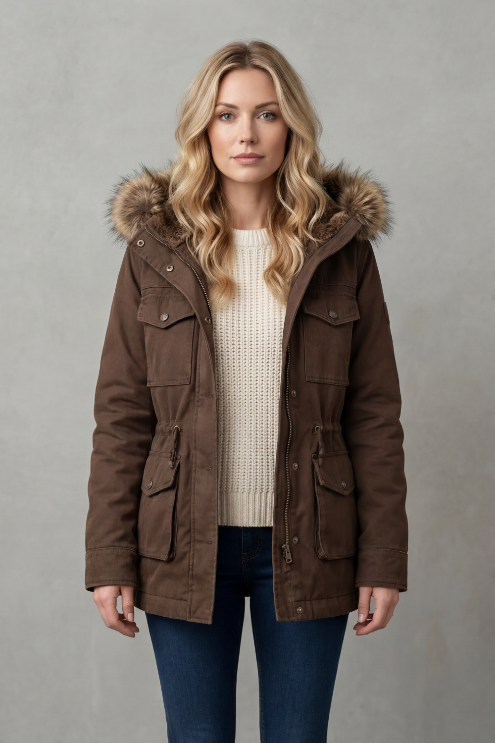 Cozy women's hooded parka with faux fur, designed for warmth & comfort in cold winter weather.