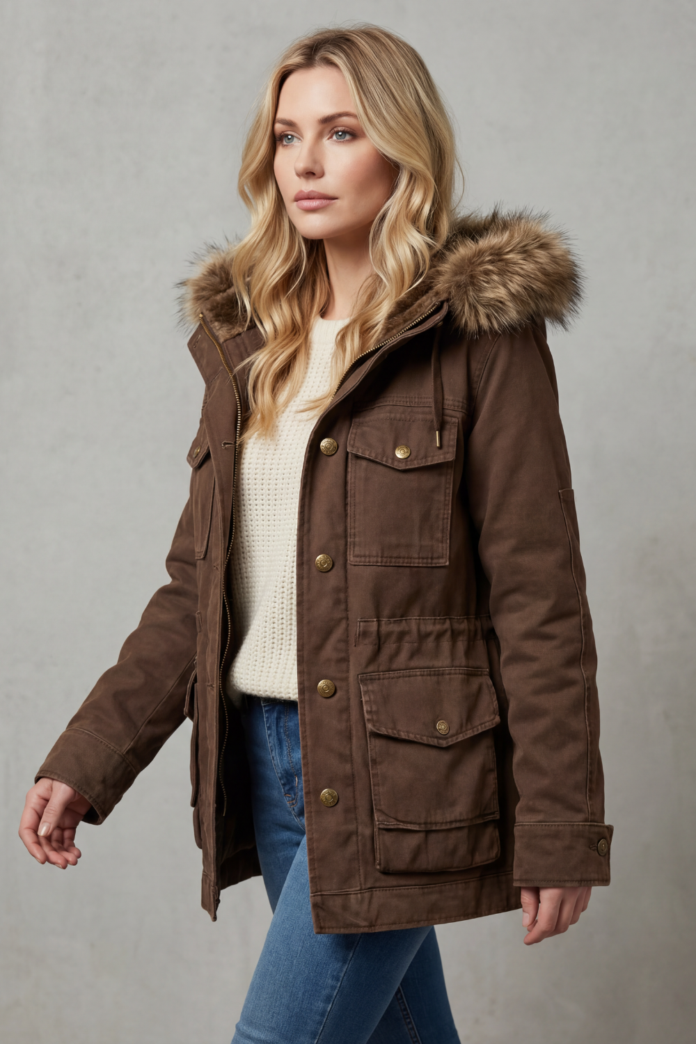 Woman wearing a brown hooded parka coat with luxurious faux fur trim, ideal for stylish outerwear.