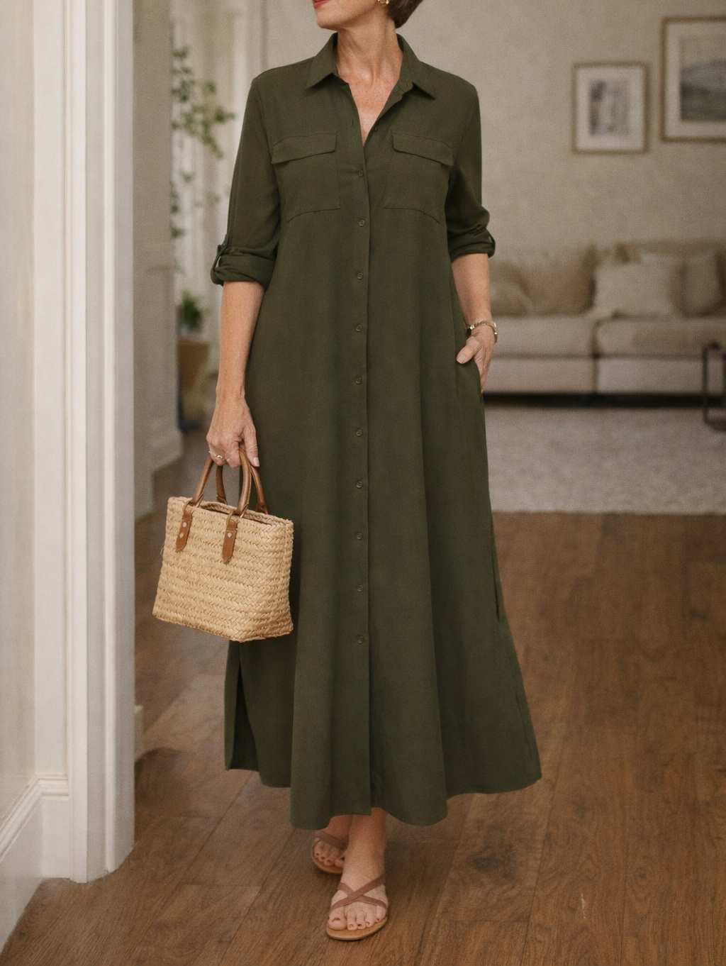 Stylish women's collared button-front maxi dress, relaxed fit, versatile for casual everyday & all-season wear.