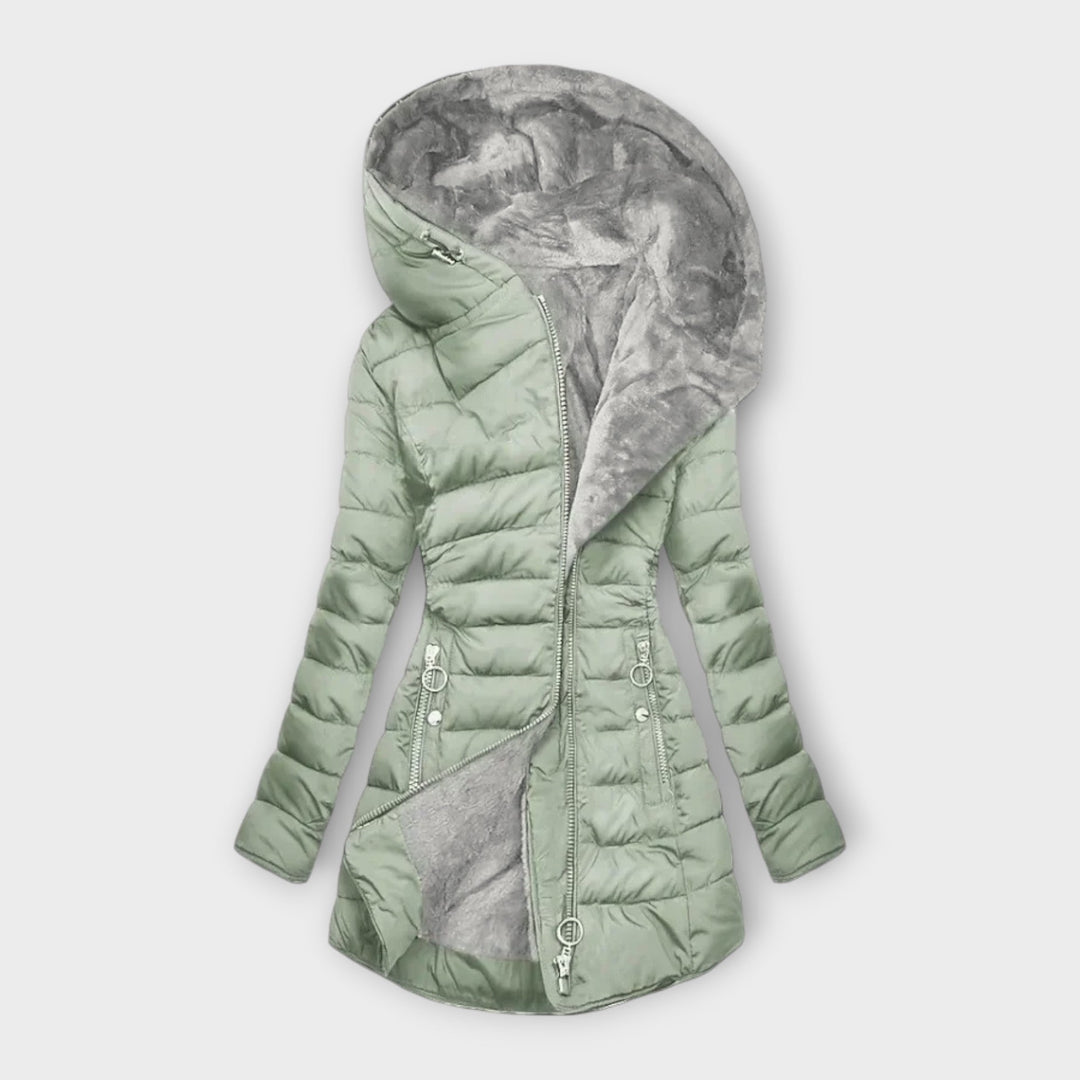 Stylish women's cozy winter jacket in light green, perfect for comfortable everyday wear & fall fashion.