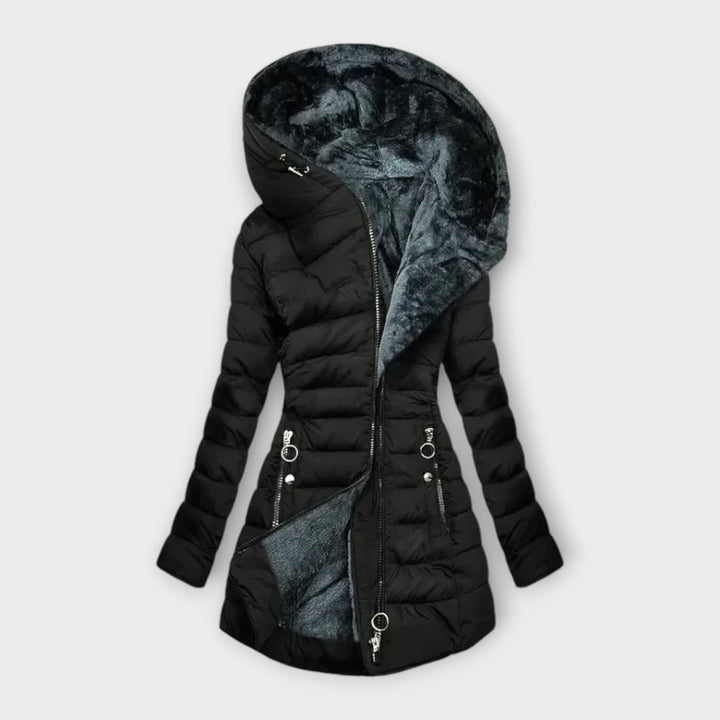 Versatile women's black winter jacket, offering cozy warmth & stylish comfort for casual everyday wear.