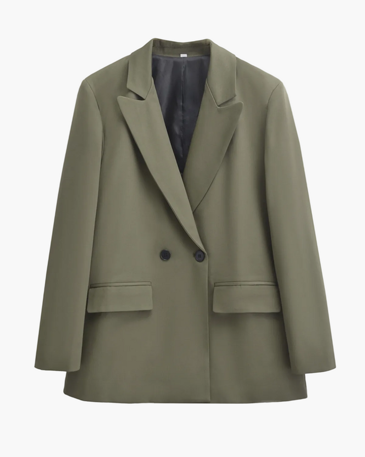 Chic khaki double-breasted women's blazer, a versatile tailored jacket for spring & autumn business fashion.