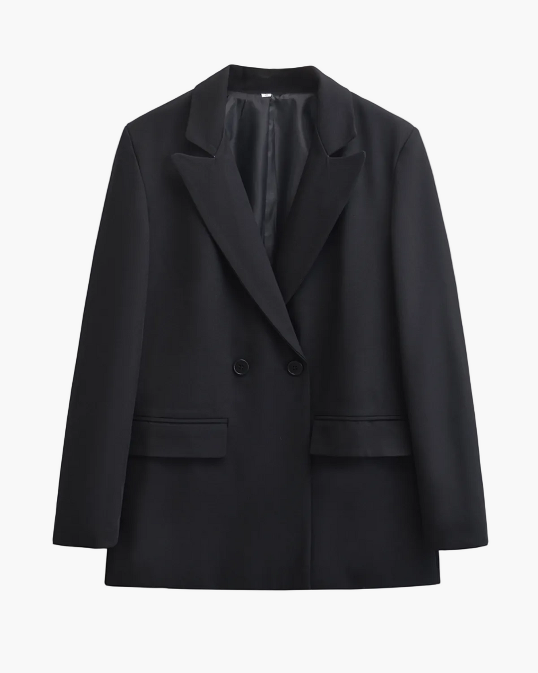 Modern grey double-breasted two-button blazer. A smart tailored jacket for women's professional & formal wear.