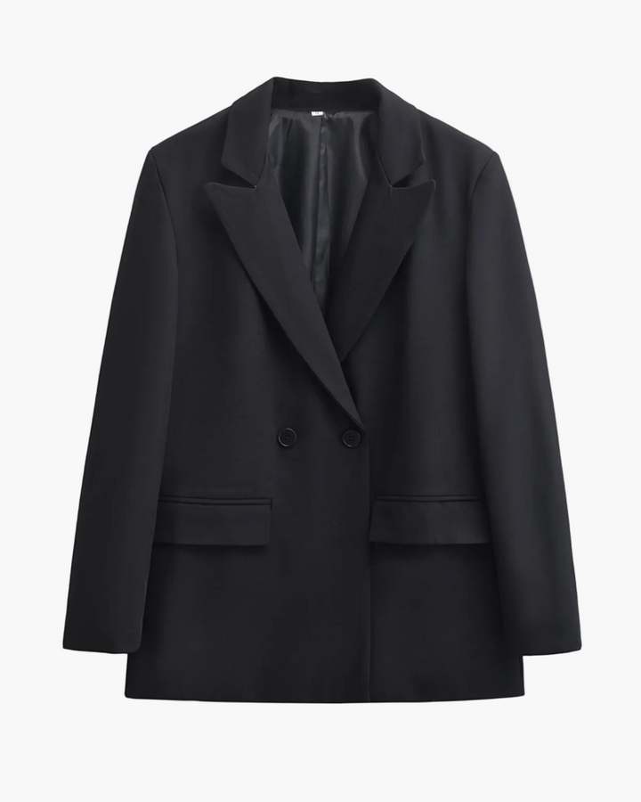 Modern grey double-breasted two-button blazer. A smart tailored jacket for women's professional & formal wear.