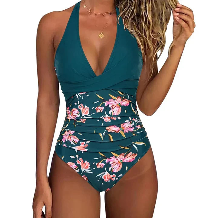 Stylish women's halter neck swimsuit, perfect for beachwear & poolside fashion. Comfortable summer bathing suit.
