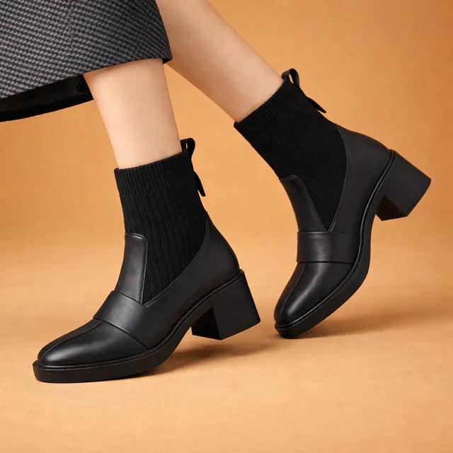 Elegant women's heeled sock ankle boots. Versatile fashion boots for stylish comfort & autumn outfits.
