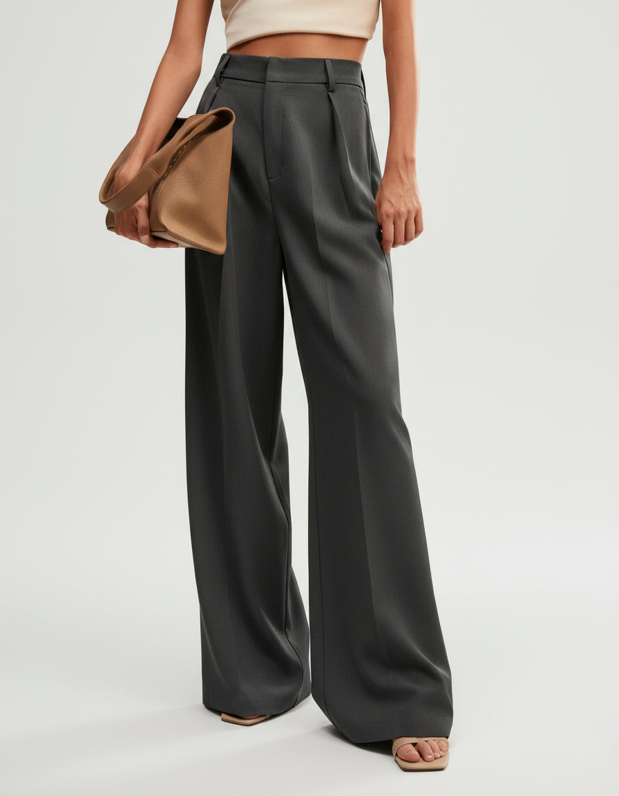 Professional women's tailored pants: high waist, wide leg. A stylish choice for formal and casual settings.