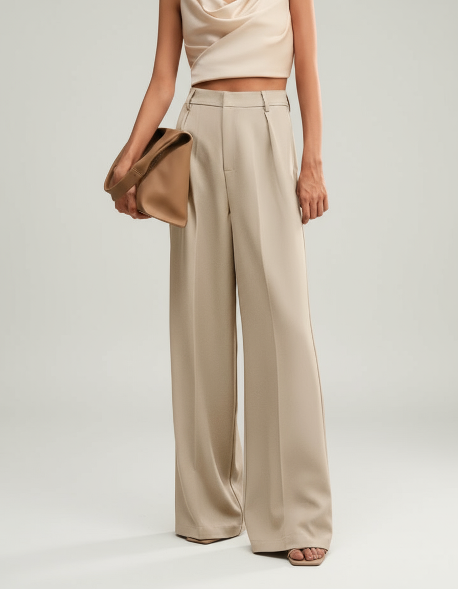 Smart casual women's high waist tailored trousers with a fashionable wide leg fit. Versatile elegant pants.