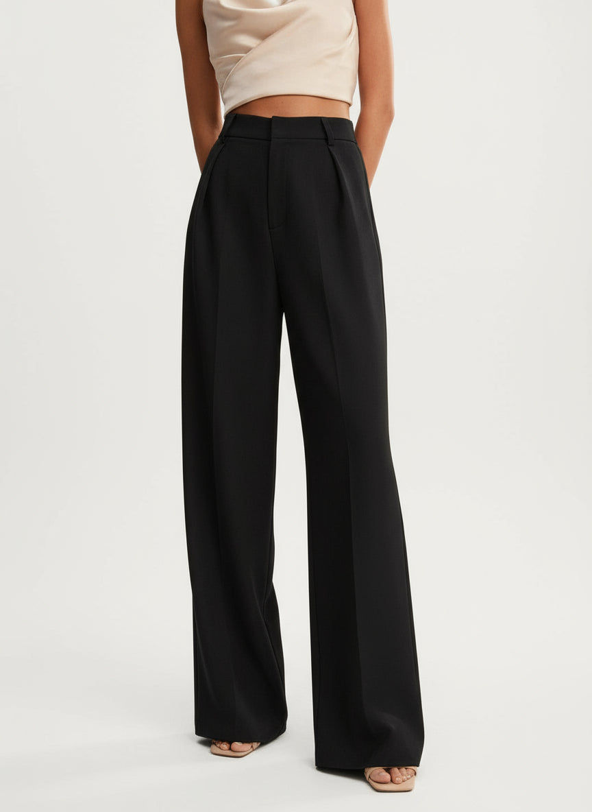 Classic women's high waist wide leg tailored trousers, offering an elegant and professional silhouette.
