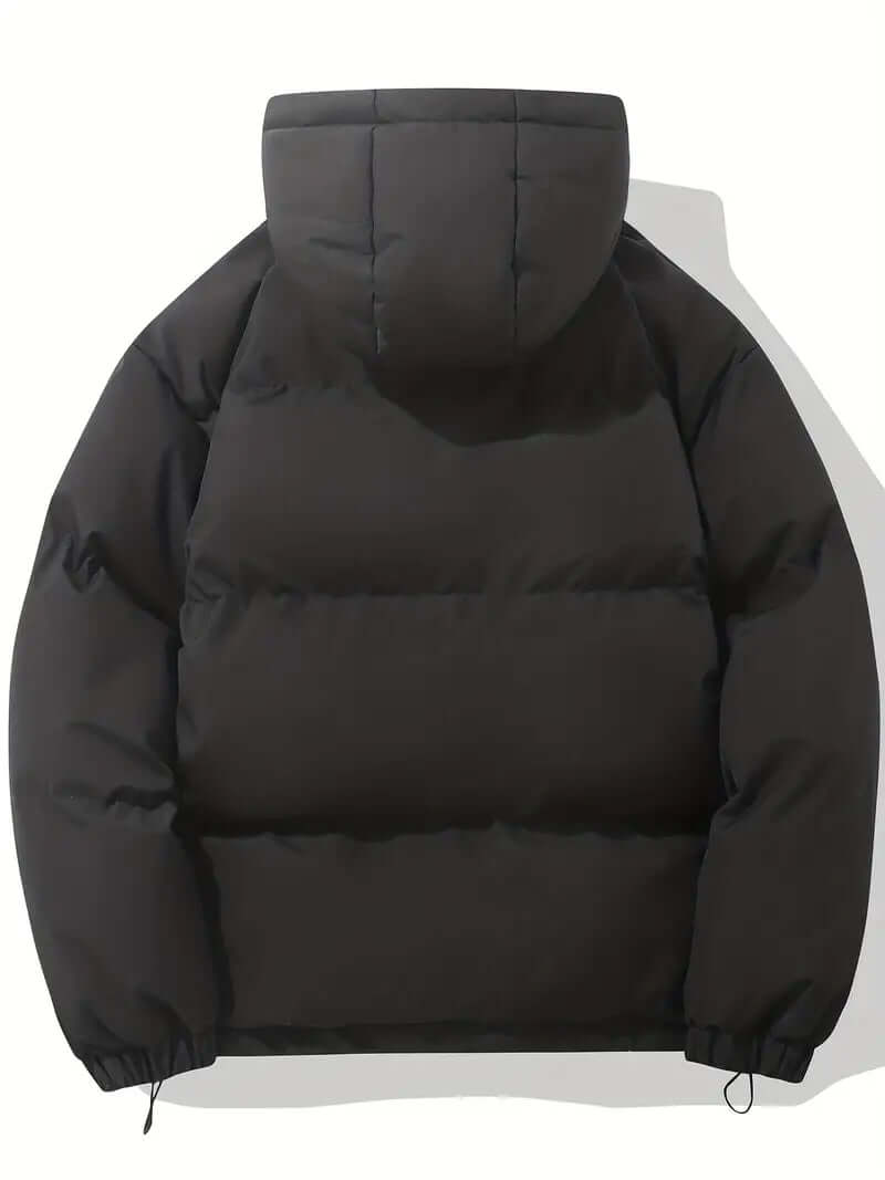 Back view of a fashionable women's hooded puffer jacket. Ideal warm winter outerwear for stylish women.