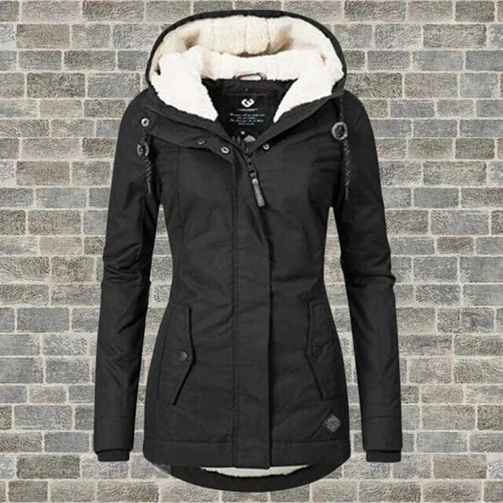 Practical women's utility hooded winter coat with spacious pockets. Insulated, long sleeve outerwear for cold weather.