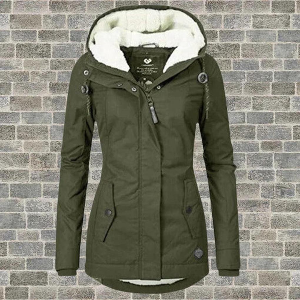 Comfortable women's long sleeve hooded winter jacket, offering warmth & protection against cold. Essential casual coat.