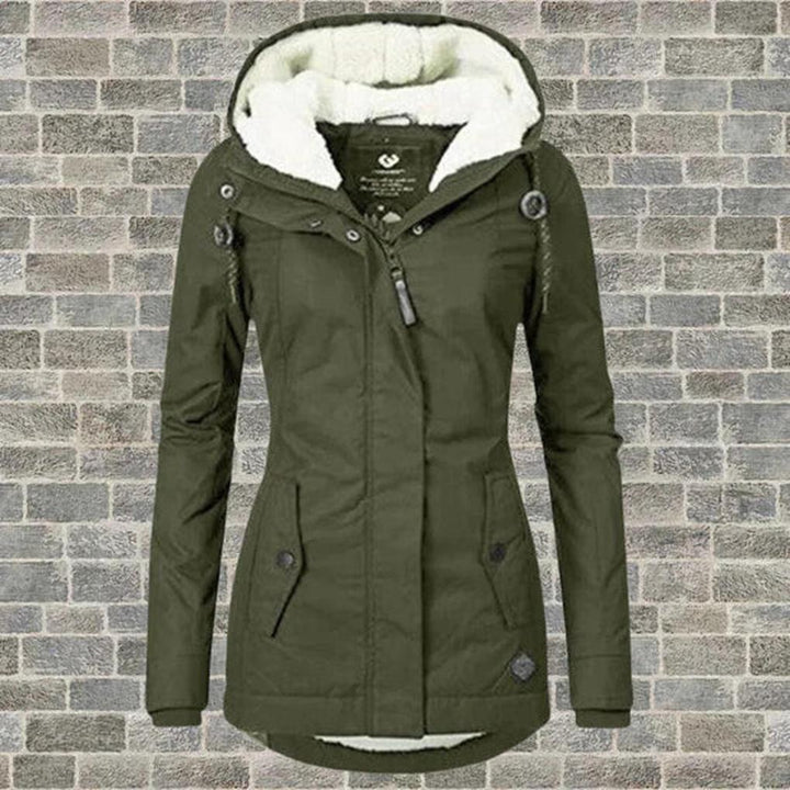 Comfortable women's long sleeve hooded winter jacket, offering warmth & protection against cold. Essential casual coat.