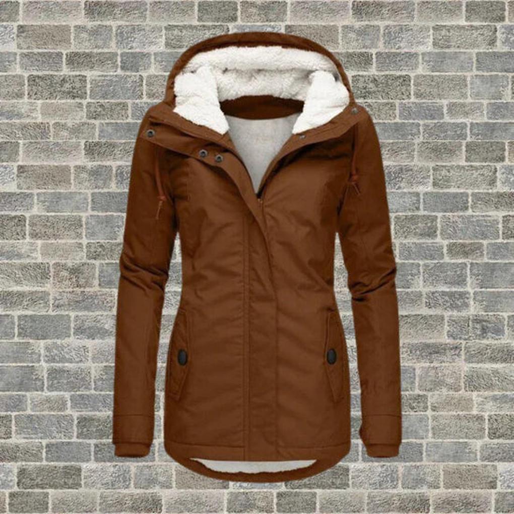 Warm women's hooded winter coat featuring a durable design. Excellent cold weather gear with pockets for daily use.