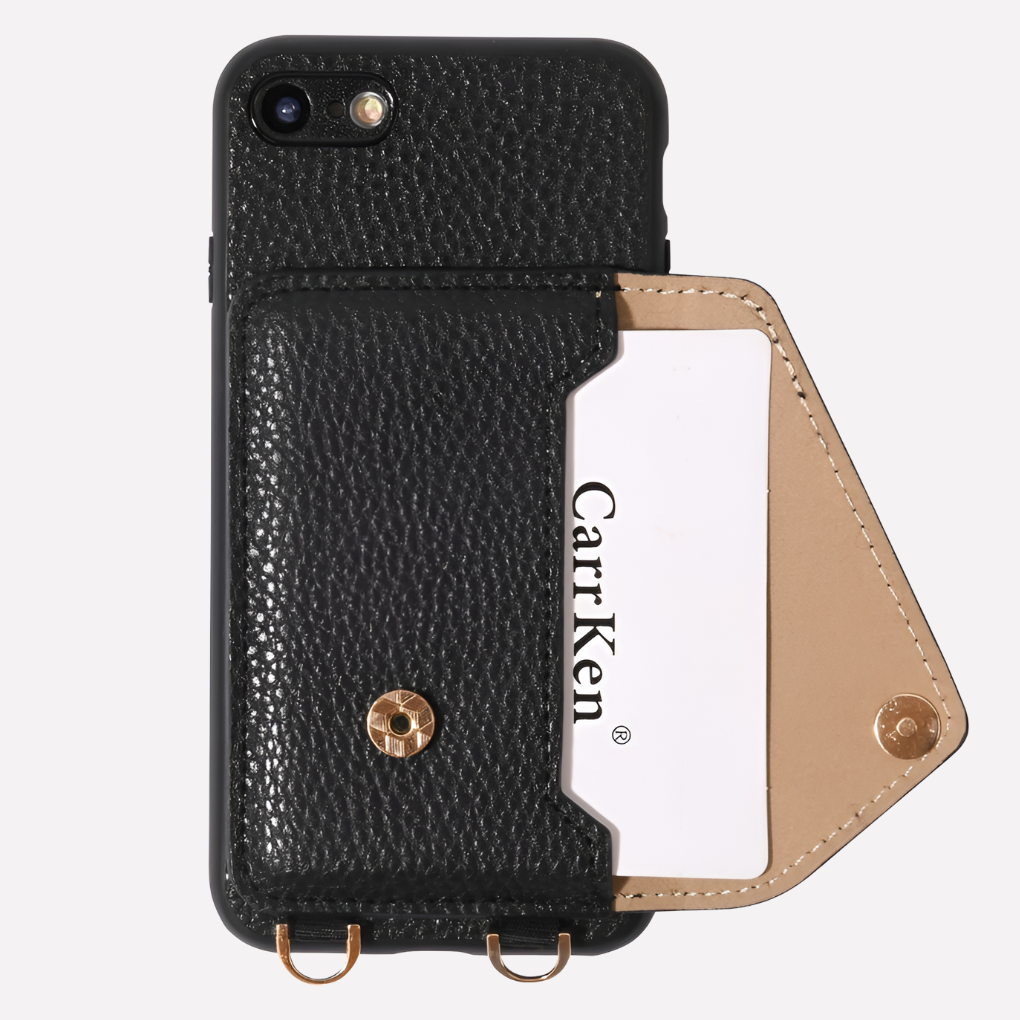 Stylish women's leather crossbody iPhone case with adjustable lanyard & convenient card holder for hands-free carrying.
