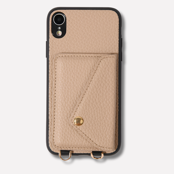 Hands-free women's leather crossbody iPhone case with lanyard, integrated card holder for cards & cash, ultimate convenience.