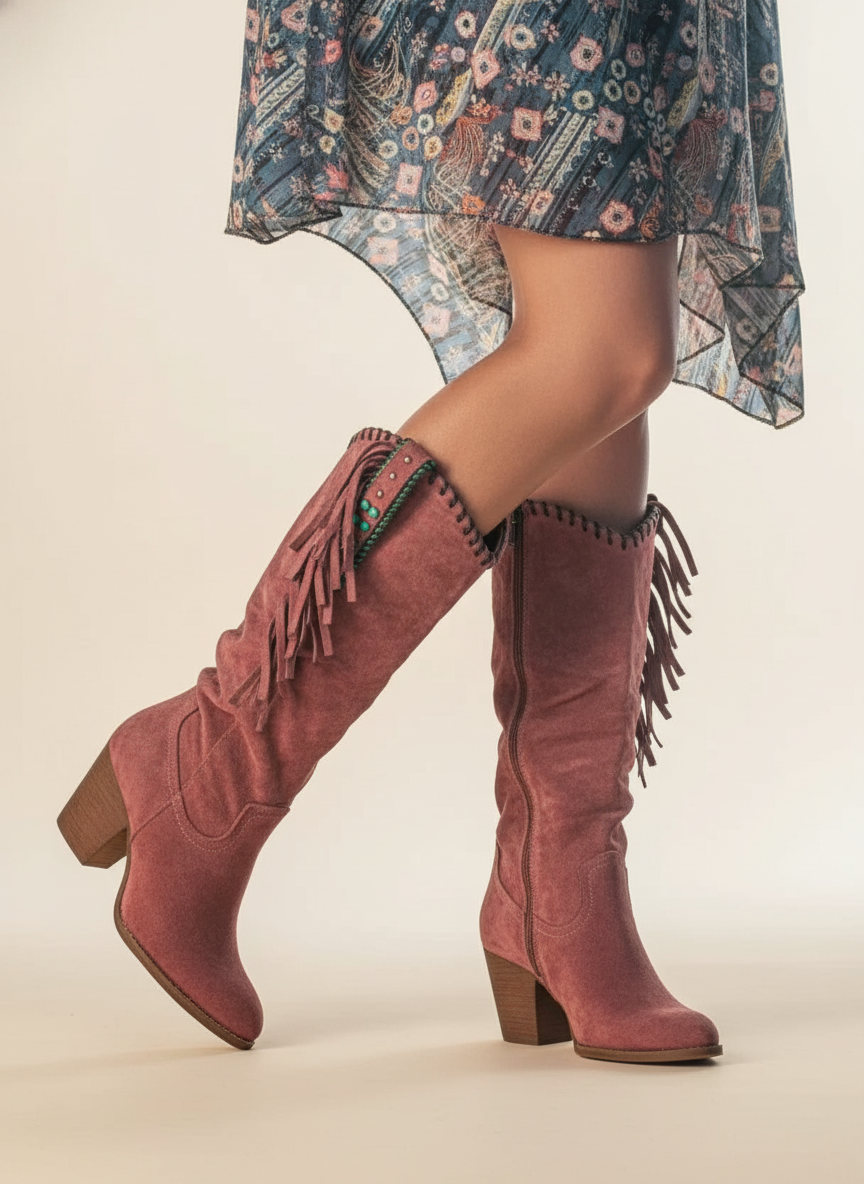 Stylish women's mid-calf fringe boots with a comfortable block heel. Perfect for fall & winter fashion.