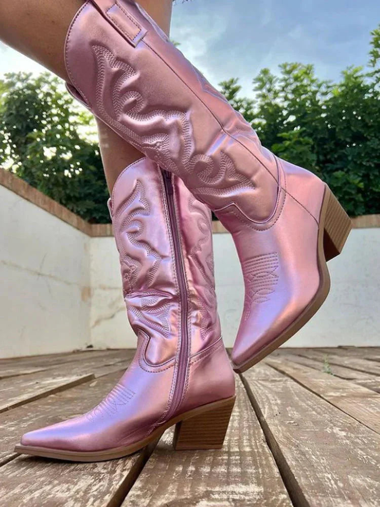 Stylish women's mid-calf western cowboy boots with pointed toe for versatile fashion comfort.