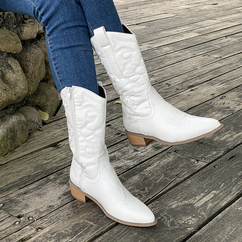 Chic women's pointed-toe mid-calf western cowboy boots for a stylish & versatile look.