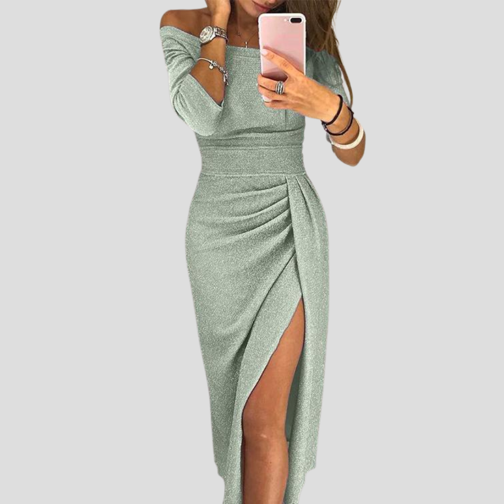 Elegant women's versatile midi dress with a flattering flared design and functional pockets. Day to evening style.